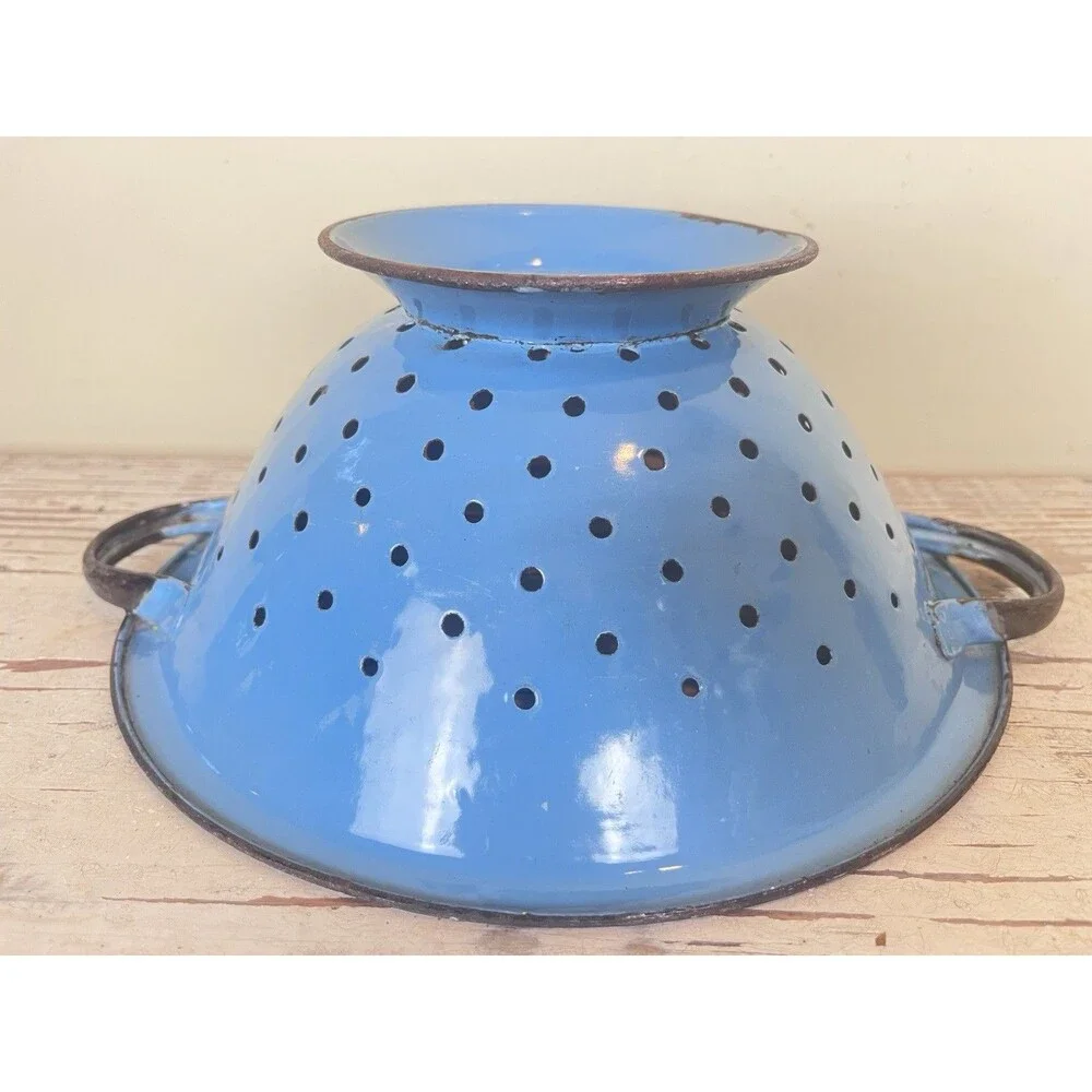Vintage Enamelware Rustic Colander Strainer Robin’s Egg Blue Made In Poland 13”